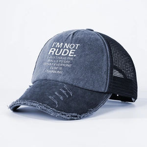 Distressed ROUD print trucker hat with washed grey panel and breathable black mesh back