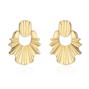 Golden irregular geometric fan-shaped earrings with pleated metal texture on white background