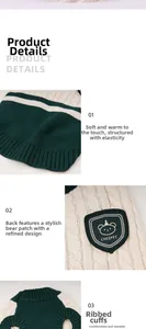 Detail of soft knit college style dog sweater with ribbed cuffs and bear embroidery