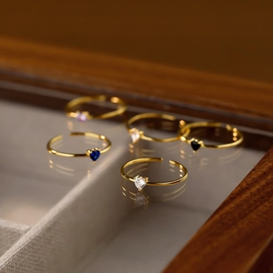 Adjustable S925 silver heart-shaped gemstone rings with elegant gold plating