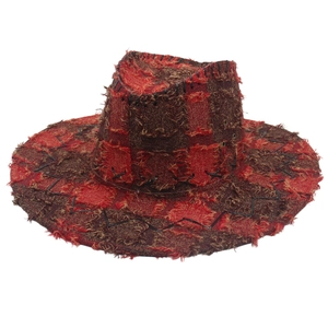 Distressed western cowboy hat with red plaid pattern and rustic cross-stitching detail