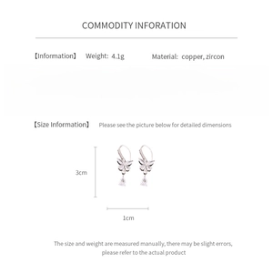 Fiche technique des boucles d'oreilles papillon en zircon avec dimensions et matériau cuivre