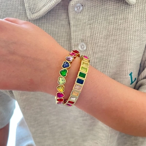 Rainbow geometric heart and rectangle gemstone bracelet set with golden finish