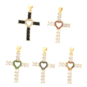 Micro-set zircon cross pendants with heart cut-out in 18K gold plating with various colors
