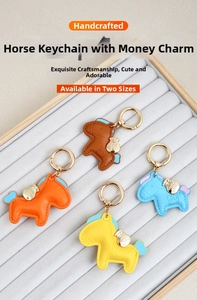 Close-up of colorful PU leather horse bag charms with golden fortune bag metal accessories