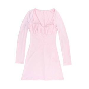 Detail of pink long-sleeved mini dress featuring a ruched bust design and square neckline