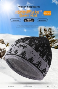 Detail of warm winter knit hat with reindeer pattern and thick fleece lining for kids