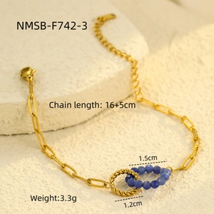 Detailed view of gold chain bracelet featuring interlocking blue stone rings and dimensions