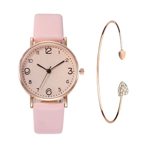 Pink PU leather fashion watch set with rose gold heart bracelets on white background