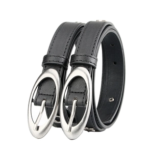 Punk style black leather belt with silver crescent rivets and vintage oval buckle