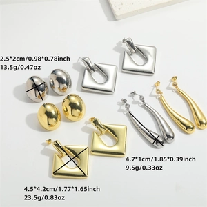 Minimalist gold and silver geometric stud earrings set featuring oval and teardrop designs