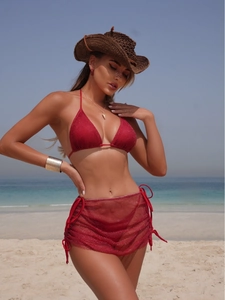 Haut De Bikini Triangle Et Bas À Nouer Avec Jupe En Maille Scintillante Maillot De Bain Sexy Couleur Unie Pour Femme