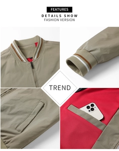 Detail of khaki bomber jacket featuring striped ribbed collar and red mesh lining