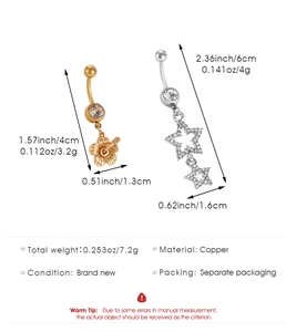 Detailed spec sheet of heart and cross belly rings with copper flower and star charms