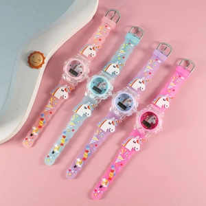 Unicorn kids digital watch set with LED lights and waterproof casing in soft pastel colors