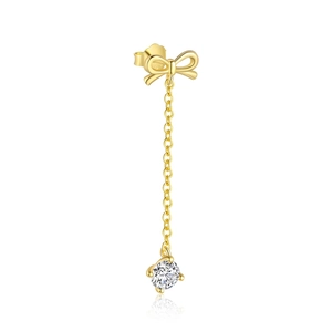 Elegant S925 silver golden bow stud earring with dainty chain and sparkling zircon stone