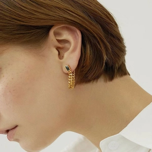 Vintage gold chain earrings with emerald-cut black stone and U-shaped fringe tassels