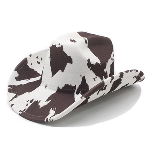 Classic cow print western cowboy hat in black and white wool felt with a wide brim