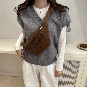 Brown corduroy crossbody chest bag with double zipper pockets and large capacity for women