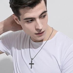 Retro titanium steel cross pendant necklace with black textures and gemstone for men