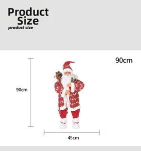 Detailed dimensions of 90cm tall standing Santa Claus doll with red coat and gift bag