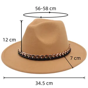 Detailed size guide for the camel wool fedora hat with gold chain ribbon trim