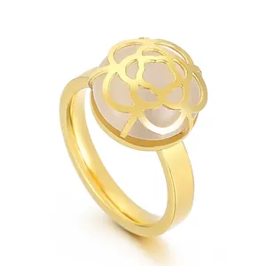 Camellia Flower Ring Stainless Steel Hollow Rose Design With White Stone Elegant Fashion Jewelry For Women