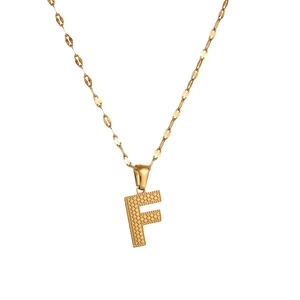 Polished gold stainless steel necklace with letter F pendant and textured leaf chain