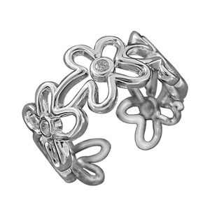 Silver hollow flower ring with transparent gemstone and adjustable open band design