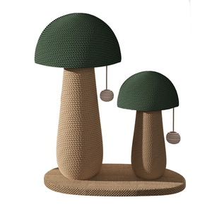 Vertical mushroom-shaped sisal cat scratching post with two towers and hanging balls
