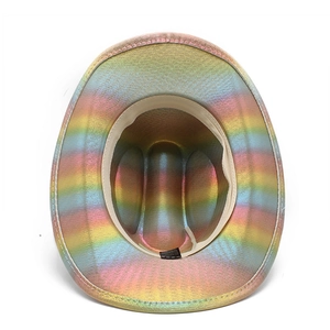 Wide angle view of colorful rainbow gradient cowboy hat interior with wide brim and smooth texture