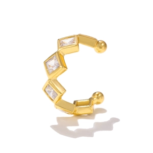 Gold plated C-shaped ear cuff featuring five square zircon stones for non-pierced ears