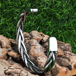 Vintage braided stainless steel C-shaped open cuff bracelet with silver antique finish