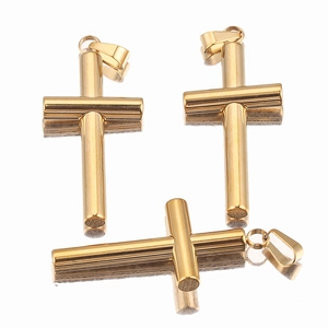 Three-angle view of gold-plated cylindrical cross pendants with reflections