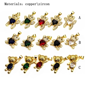 Copper teddy bear pendant with inlaid zircon crystals in five colors for DIY necklaces