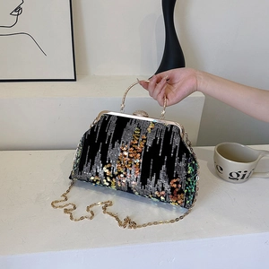 Elegant black sequin evening bag with gold handle and chain strap for women