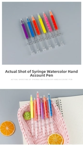 Detailed macro view of syringe-shaped highlighters with 5ml scale markers in six colors