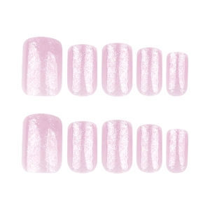 Sparkly pink press on nails in medium-short square shape with fine glitter finish