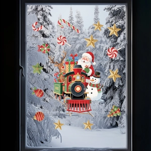 Christmas window decals with Santa on a train, snowmen and reindeer on glass