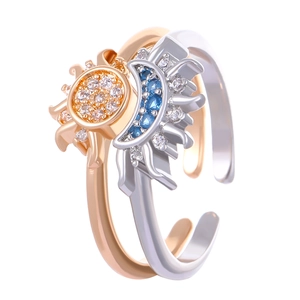 Adjustable sun and moon couple rings with rose gold sun and silver moon stone setting