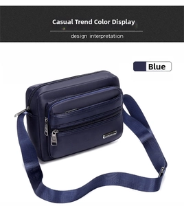 Detail of blue nylon crossbody bag with multi-layer zippers and metal logo on white background