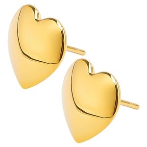 Close-up of heart-shaped gold 304 stainless steel earrings with polished finish