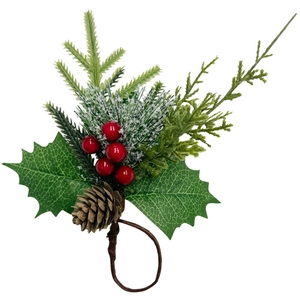 Christmas napkin ring with red berries, pine needles, and a natural pine cone on a white background