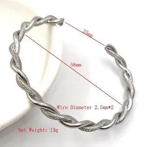 Minimalist silver twisted rope C-shaped stainless steel cuff bracelet for women