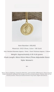 Détail du collier pendentif pièce Elizabeth en argent S925 plaqué or 18 carats