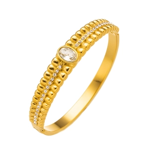 Vintage hollow stainless steel bangle with green zircon inlay and double rows of crystals
