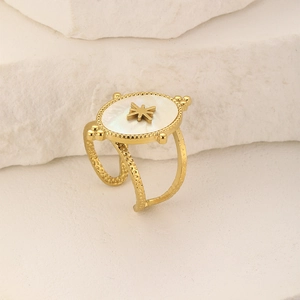 French vintage gold-plated stainless steel open ring with oval mother of pearl and star
