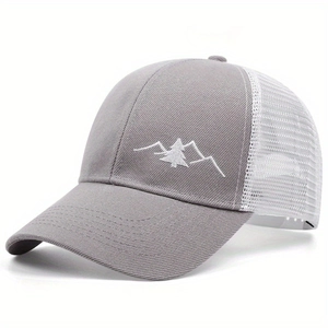 Breathable mesh baseball cap with mountain and pine embroidery in grey and white