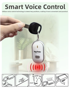 Detail view of white wireless key finder with metal ring and sound sensor usage guide