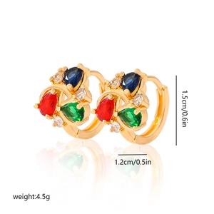 Detailed view of gold plated earrings featuring multi-color stones and zircon accents